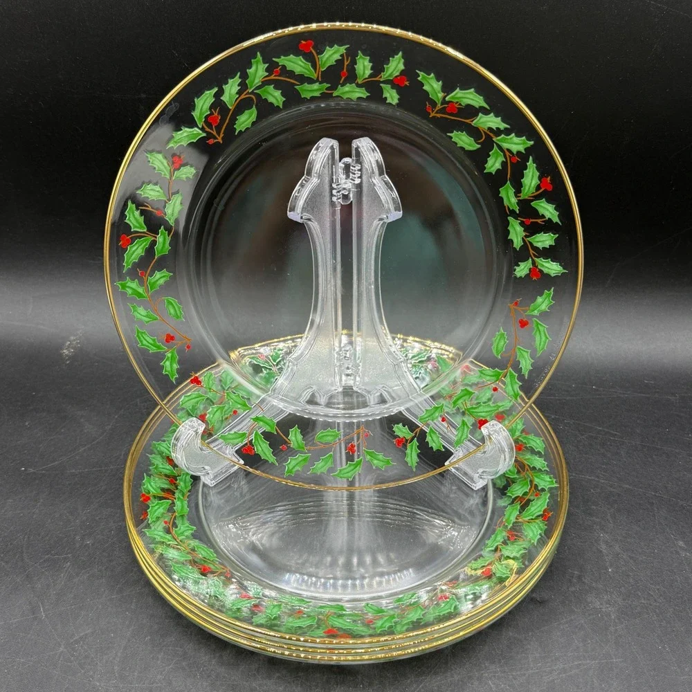 Vintage Lenox Holiday Salad Plates Set of 4 Clear Glass 8in Holly Berry Trad - Picture 1 of 6